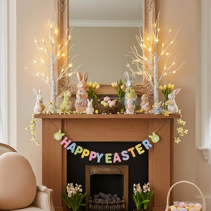 EAMBRITE Lighted Birch Tree Easter Decorations for Home, 2Pack 24 LED Battery Operated/USB Tabletop Mini Small Artificial White Trees with Lights for Christmas Indoor Table Mantel Spring Decor (2FT)