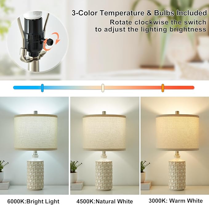 Luvkczc Vintage Farmhouse Table Lamp Set of 2, Grid Nightstand Lamp with Eye-Protecting Fabric Shade, 3-Color Temperature&2 Bulbs - Rustic Table Lamp Lamps for Living Room Bedroom Decor