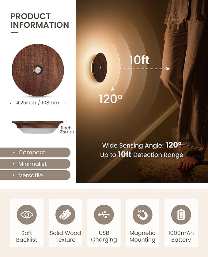 Motion Sensor Night Light Wood Rechargeable Battery Powered Stick-On Step Lights Magnetic Closet Warm Nightlight for Hallway Bedroom Stair, Black Walnut