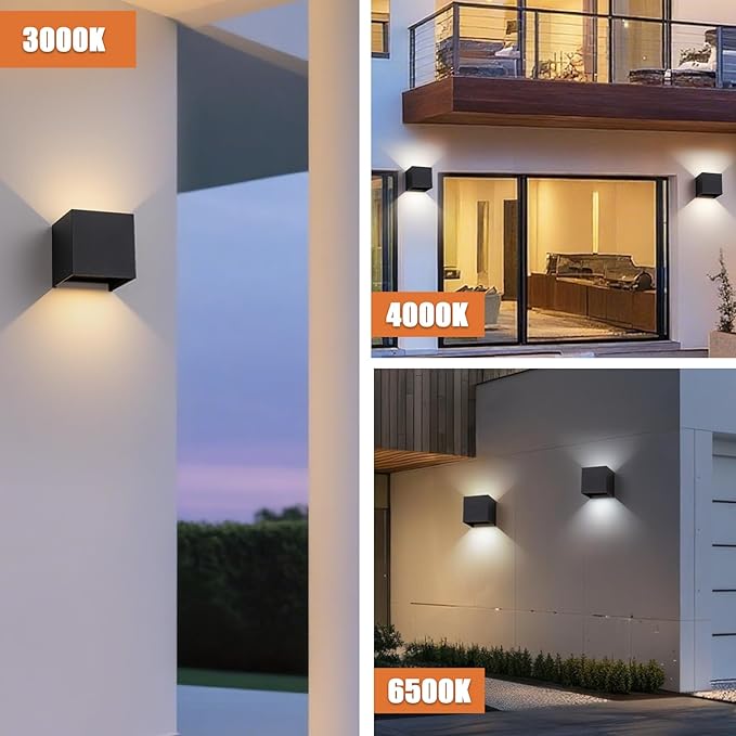 2 Pack LED Outdoor Wall Light Exterior/Interior,Modern Black Square Aluminum Up Down Light Outdoor Set,Variable Beam IP65 Waterproof Lights.15W 3-Color-Changeable Outside Exterior Lighting Fixtures.