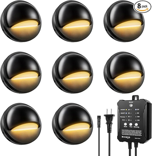 Low Voltage LED Deck Lights Kit with Transformer Timer and Photocell Sensor, IP67 Waterproof Low Voltage Landscape Lighting, Step Lights for Outdoor Walkway Stair Post Railing (8 Pack)