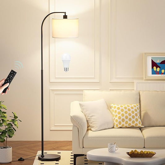 Ambimall Arc Floor Lamp with Remote and Stepless Dimmable Bulb, Colors Temperature & Brightness Adjustable, Floor Lamps for Living Room（White Shade & Black Pole）