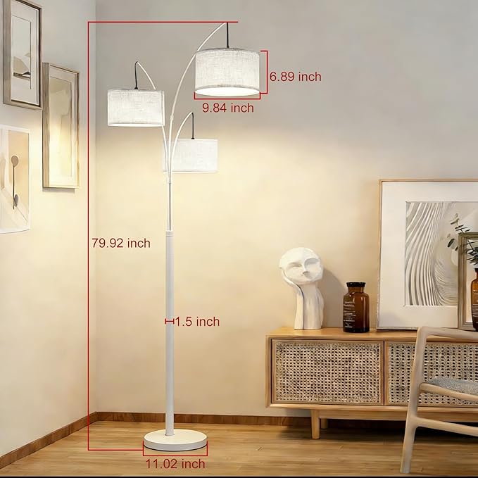 Dimmable Arc Floor Lamp, White Pole Standing Lamp with White Shade and Heavy Base, Remote Control with Stpeless Color Temperatures and Brightness for Bedroom, Office