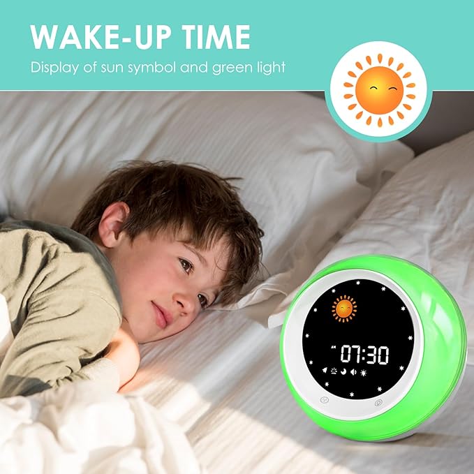 I.CODE Sun & Moon Rise Kids Alarm Clock, Children's Sleep Trainer ,Sleep Sound Machine, Wake Up Light & Night Light ,Teach Kids Day & Night