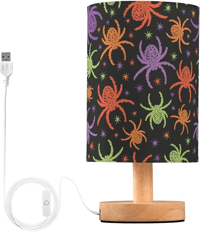 Table Lamp Colorful Spooky Spider Halloween Creepy Pattern Nightstand Lamp with Wood Base Fabric Lamp Shade Bedside Desk Lamp for Living Room Bedroom Kids Room Office