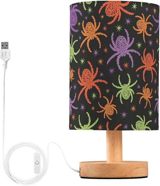 Table Lamp Colorful Spooky Spider Halloween Creepy Pattern Nightstand Lamp with Wood Base Fabric Lamp Shade Bedside Desk Lamp for Living Room Bedroom Kids Room Office