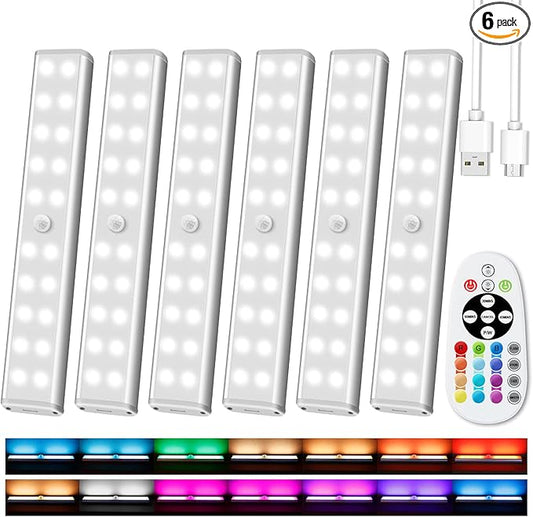 Under Cabinet Lighting Wireless with Remote, 48 LED Rechargeable Under Cabinet Lights, Kitchen Counter Lights Dimmable LED Closet Light RGB Bar for Shelf, Car, Hallway, 15 Color Changing, 6 Pack