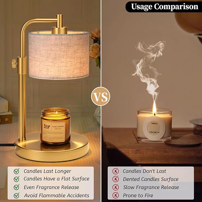 Candle Warmer Lamp, Candle Lamp Warmer with Timer Adjustable Height Wax Warmer Lamp for Jar Candles, Birthday Gifts for Women House Warming Gifts (Gold Linen)