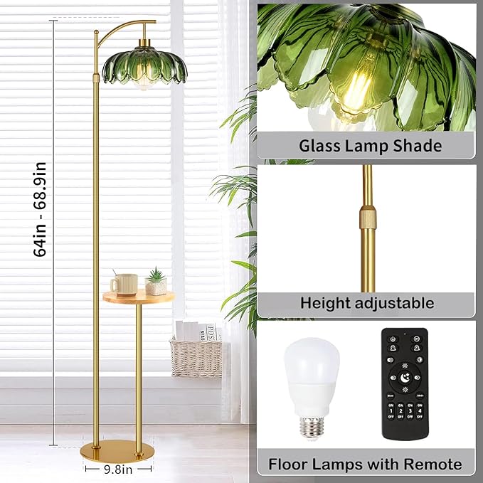 Glass Floor Lamp with Table and Shelves for Living Room Bedroom,Gold Standing Lamp with Remote Dimmable,Boho Brass Tall Lamp Vintage Farmhouse Arc Green Flower Floor Light Bohemian