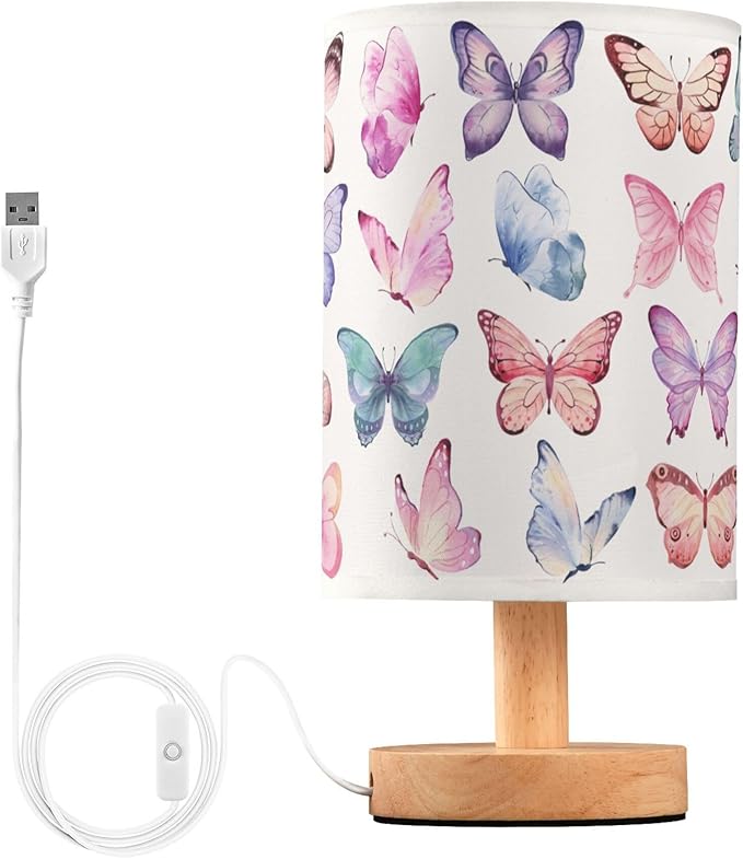 Table Lamp Colorful Butterflies Pink Blue Butterfly Nightstand Lamp with Wood Base Fabric Lamp Shade Bedside Desk Lamp for Living Room Bedroom Kids Room Office
