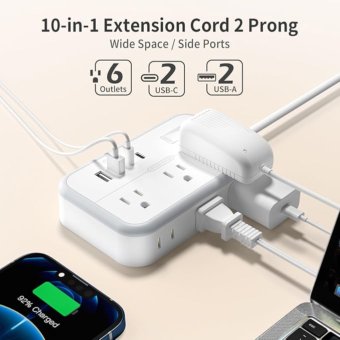 NTONPOWER Extension Cord 15 FT, 1875W Two Prong to Three Prong Outlet Adapter, Power Strip, Rotating Plug 2 Prong Extension Cord with 4 USB Ports(2 USB C), for Old House