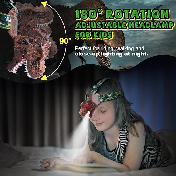 Dinosaur Headlamp for Kids Flashlight Rechargeable Led Headlights Roar & Silent Mode, T-Rex Dinosaur Toys for Kids 3-5 4-6 5-7 6-8, Camping Gear, Easter Gifts for Boys Girls Adults