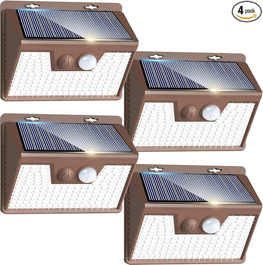 Peasur Brown Solar Lights Outdoor Waterproof, 4Pack 140LED Solar Powered Motion Sensor Lights, 3 Modes Solar Security Wall Lights for Fence Garden Yard Outside Cool White