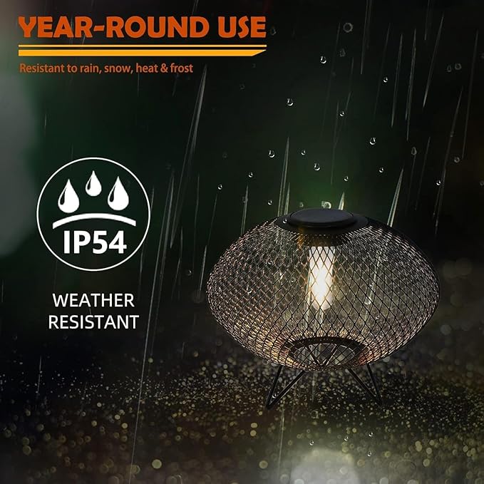 Solar Yard Set of 2 Outdoor Table Lamps with Metal Wire Shades & LED Lights, 8" Solar-Powered Modern Table Lights for Yard, Porch, Garden, or Pathway