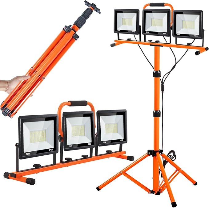 21000 Lumen Work Lights with Stand, 3 Adjustable Head LED Work Light, with Adjustable and Foldable Tripod Stand, Waterproof Lamp with Individual Switch with 6500 Kelvin Color Temperature