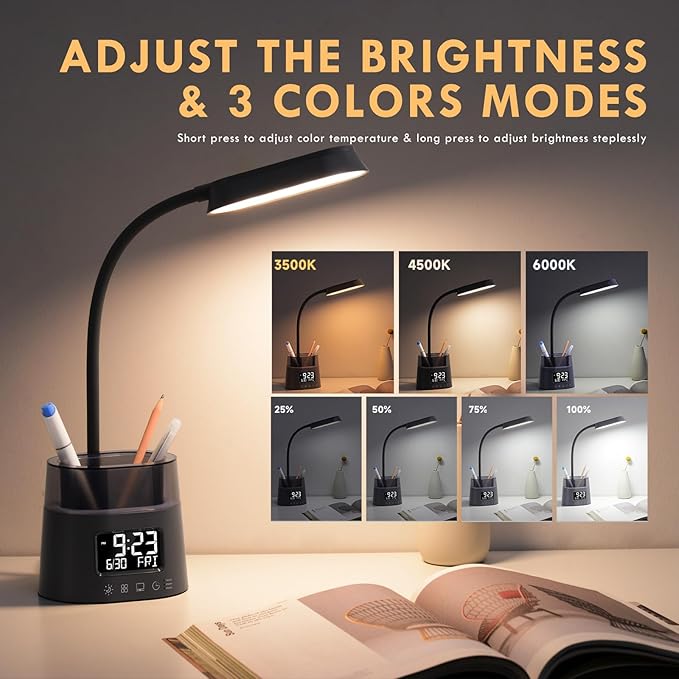Led Desk Lamp for Home Office, Touch Table Lamp with Pen Holder, 3 Color Modes Stepless Dimmable Reading Light, Gooseneck Lamp for Dorm Room, Bedside Study Light with Clock for Kids, Girls, Boys