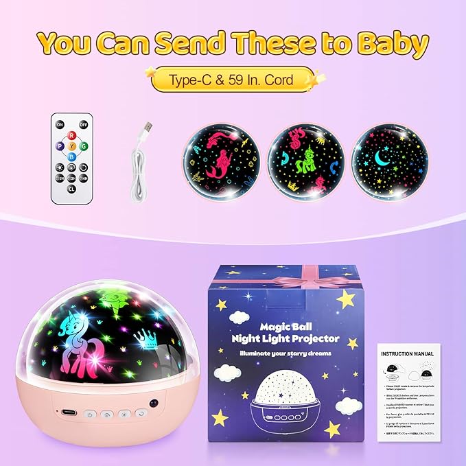 COOLNIGHT Unicorn Night Light Star Projector for Kids, 3 Films+93 Colors Kids Projector Night Light,360° Rotating All Night, Remote+Dimmable+Timer,3 Year Old Girl Gifts,4 Year Old Girl Birthday Gifts