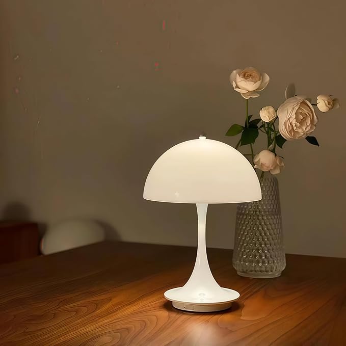Flower Bud Lamp Modern Flowerpot Cordless Mushroom Touch Table Lamp 3 Mode Dimmable Rechargeable Desk Lamp,Night Light for Bedroom (White)