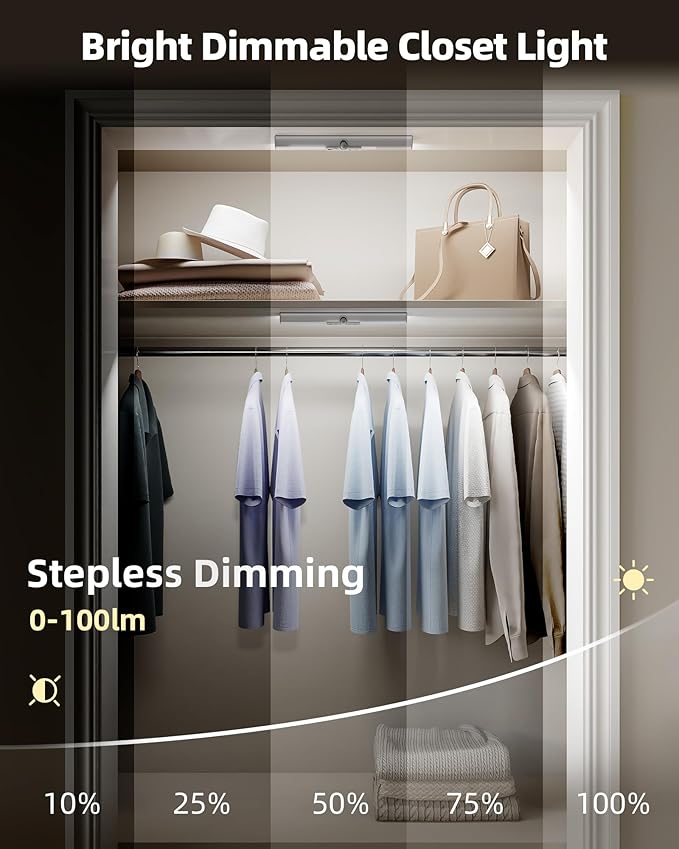 EZVALO Motion Sensor Closet Light, Rechargeable 1800mAh Battery-Operated LED Light, Rotatable Sensor, 3 Color Temperatures & Stick-On Light for Closet, Pantry, Stairs
