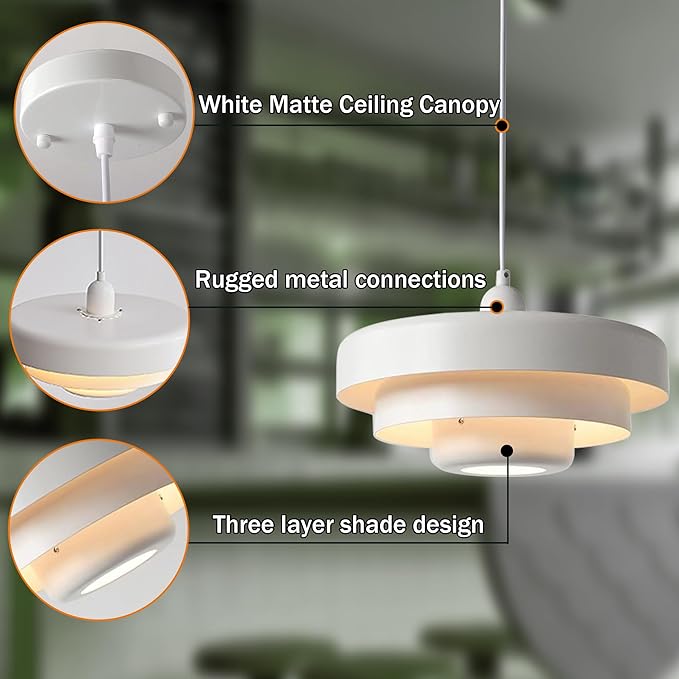 Mid Century Pendant Light Fixtures Ceiling Pendant Lighting 3-Layer Metal Shade Design Vintage Flush Mount Light for Dining Table Kitchen Island Hallway (White)