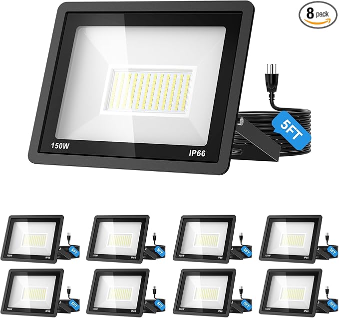 AIKVSXER 150W Flood Lights Outdoor, 21000lm Bright LED Work Light with 5FT Plug, 6000K Daylight White Exterior Security Light, IP66 Waterproof Floodlight for Yard Garage Stadium Lawn (150W-8 Pack)