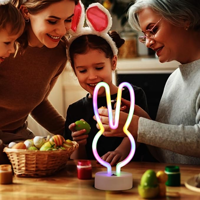 Bunny Shape LED Neon Signs, Colorful Rainbow Rabbit Neon Lights USB/Battery Powered Night Lights with Base, Cute Rabbit Head Neon Lamp for Easter Table Art Decoration (Colorful)
