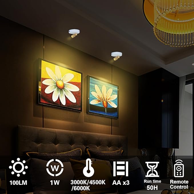 LED Spotlight Indoor, Battery Operated Spotlights with Remote, 3 Lighting Modes Up Lights for Plants Trees, Dimmable Timer Picture Lights for Wall Art Display Dartboard Painting Frames