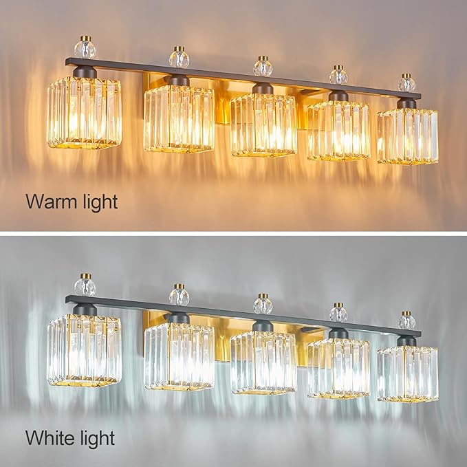 Vanity Lights 5-Light Modern Crystal Vanity Light Black Gold Bathroom Light Fixtures Over Mirror Crystal Bathroom Vanity Lighting Fixtures