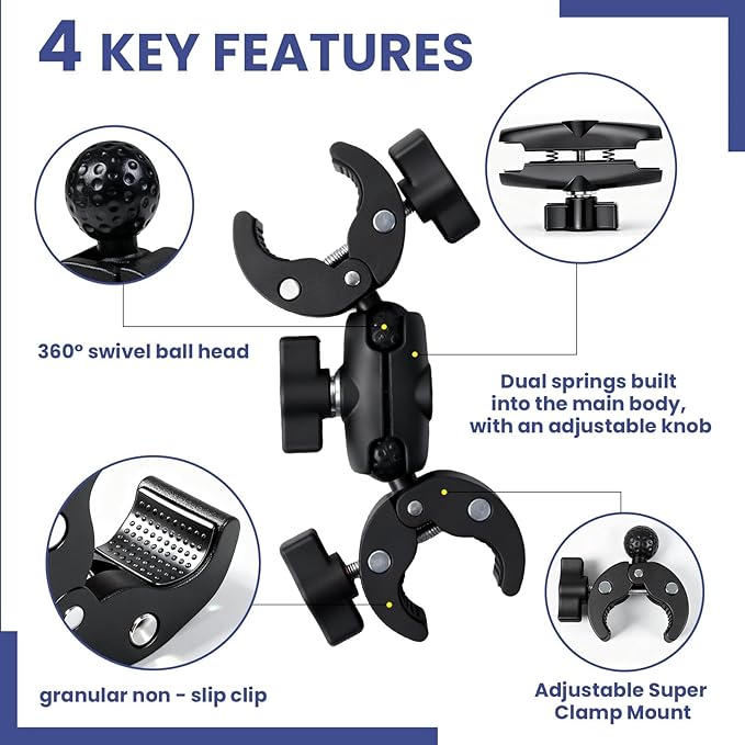 Double Ball Head Camera Clamp - Adjustable Mounting Bracket with Pliers-Style Grips for Photo Studio Equipment, Light Stands, Reflectors, Monitors, and Golf Cart Crossbars（6-9inch）