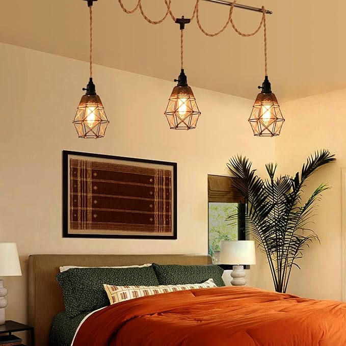 3 Light Hemp Rope Plug in Pendant Light Rattan Hanging Lights with Plug in Cord with Woven Lamp Shade, Hanging Lights with Plug in Cord Hemp Rope Hanging Lamp