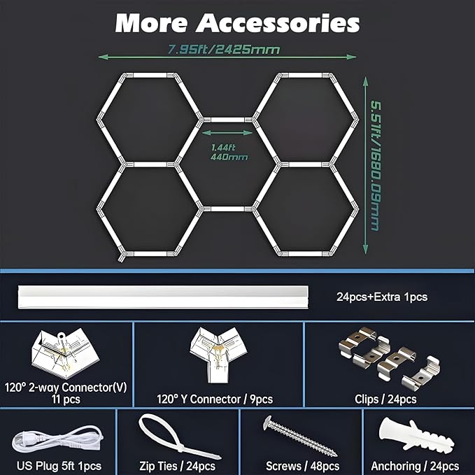 Hexagon LED Garage Lights 26400LM Super Bright Car Detailing Ceiling LED Shop Light for Warehouse Workshop Gym Basement Car Care Wash Room