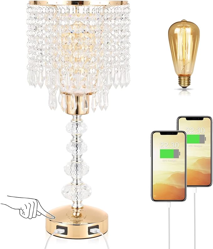 Acaxin Crystal Table Bedside Lamp Touch Control, 3-Way Dimmable Small Nightstand Lamp with 2 USB Charging Ports, Decorative Gold Tabletop Lamp for Bedroom, Living Room and Guest Room