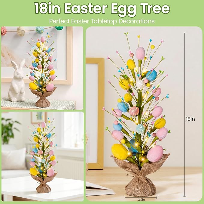 Easter Decorations Pre-Lit Easter Egg Tree with Timer Battery Operated,18inch Lighted Easter Tree Tabletop Decor with Eggs,LED Lights,Artificial Trees for Home Party Mantel Indoor Bedroom Spring