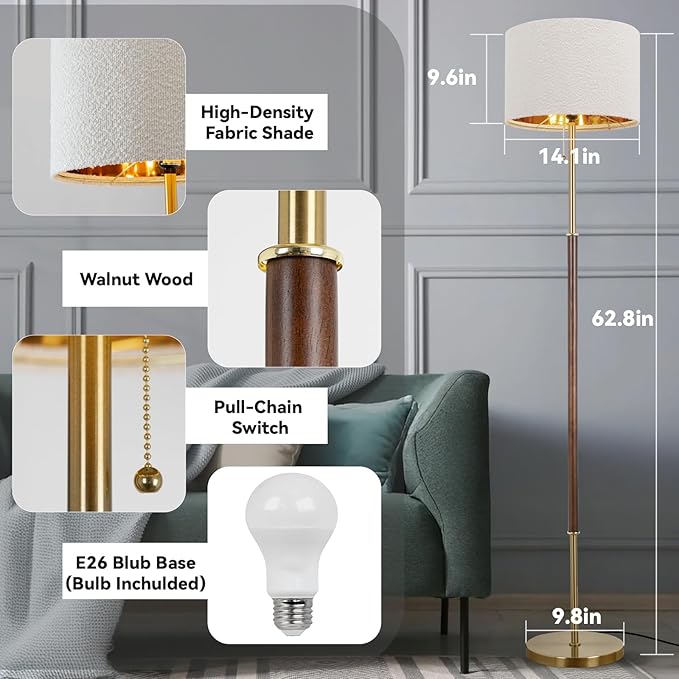 Wood Floor Lamp for Living Room Gold Traditional Farmhouse Floor Lamps Mid-Century Pole Lamp with Linen Lamp Shade, Standing Tall Floor Lamps for Bedrooms and Office (Gold)
