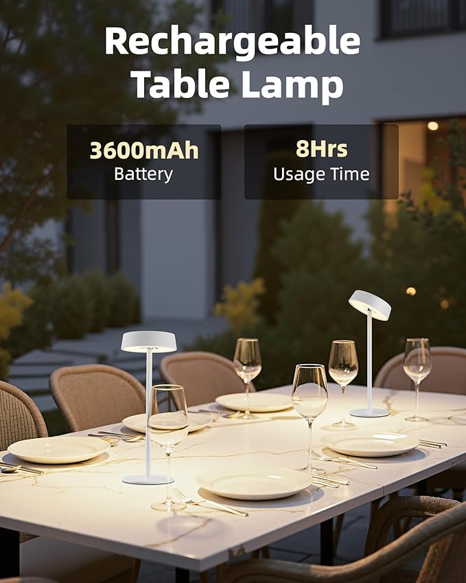 Cordless Lamp, Outdoor Waterproof, Dimmable Touch Control 3 Color Temperature, Battery Operated Portable, RGB, LED Memory Function, Rechargeable Table Lmap, Patio Dinning Restaurant Kitchen 1P White