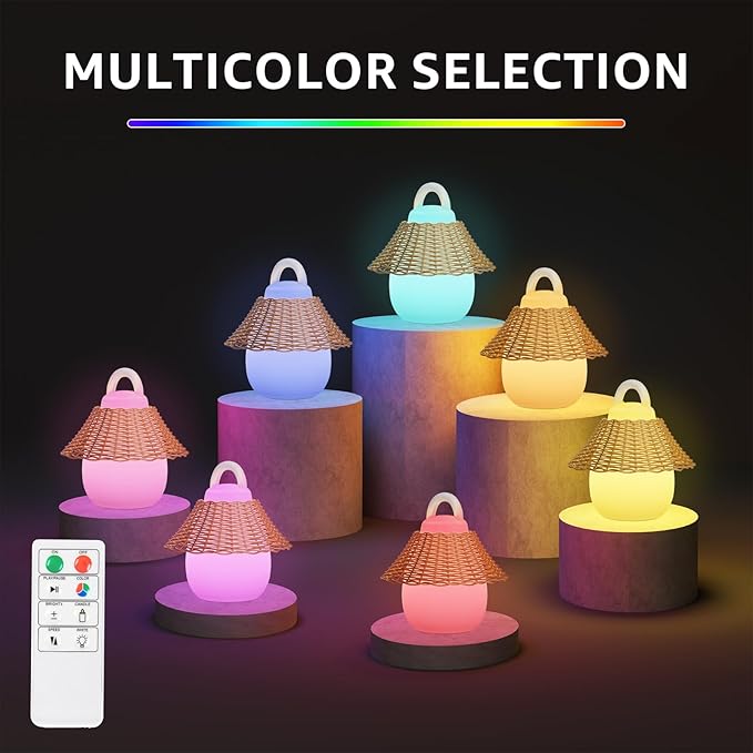 Rattan Outdoor Lanterns, GGII Rechargeable Camping Lantern with IP44 Waterproof, Battery Operated Outdoor Portable Cordless Table Lamp with RGB Lights for Patio Balcony Garden