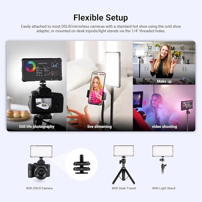 NEEWER Basics Full RGB Camera Video Light with Desk Tripod Stand, 8W CRI97 2700K-7500K 17 Scenes 4000mAh Portable Metal Small LED Panel Lighting for DSLR Streaming Photography Video Recording, SL90C