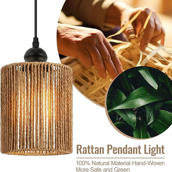 BoostArea Rattan Pendant Lights Kitchen Island, Farmhouse Chandelier with Handwoven Wicker Shade, Adjustable Height Boho Hanging Light for Kitchen Island/Dining Room/Bedroom/Hallway, 1 Pack, No Bulb