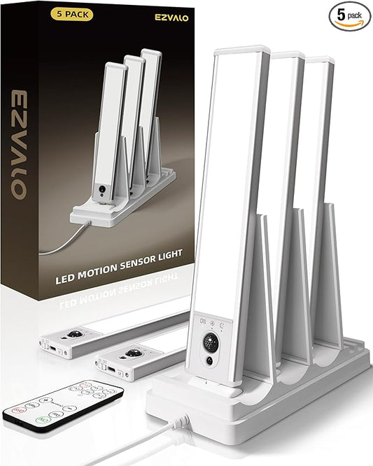 EZVALO 5-Pack Under Cabinet Lighting with Charging Station, 2400mAh Motion Sensor Light, LED Coutner Lights Wireless, 6500K Dimmable, Timer, Magnetic, with Remote Control for Kitchen, Closet, Stair