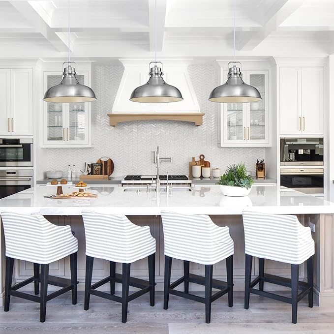 Brushed Nickel Farmhouse Pendant Lights Matte Pendant Lighting for Kitchen Island Industrial Adjustable Height Vintage Dome Hanging Light Fixtures for Barn, Dining Room 3 Packs