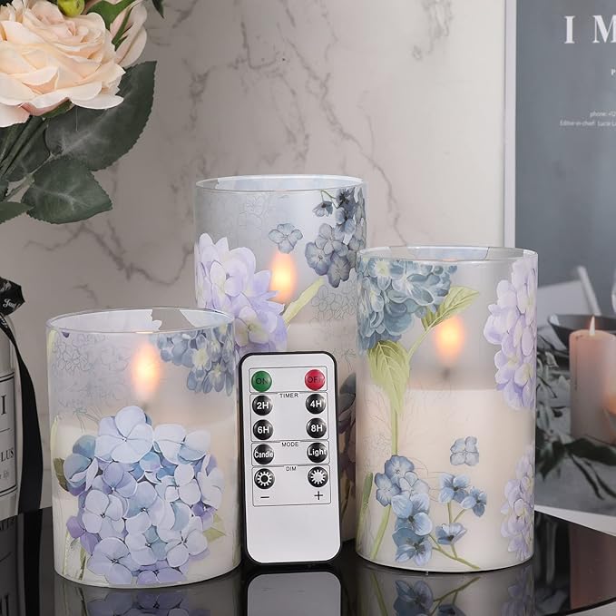 DRomance Rechargeable Hydrangea Glass Flameless Candles with Remote Timer Battery Operated LED Flickering Pillar Candles Real Wax Spring Dinner Christmas Holiday Decor D3 x H4, 5", 6"