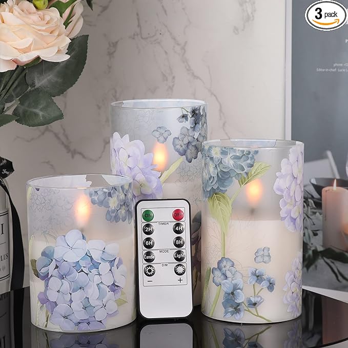DRomance Hydrangea Glass Flameless Candles with Remote Timer Battery Operated LED Flickering Pillar Candles Real Wax Spring Dinner Christmas Holiday Decor D3 x H4, 5", 6"