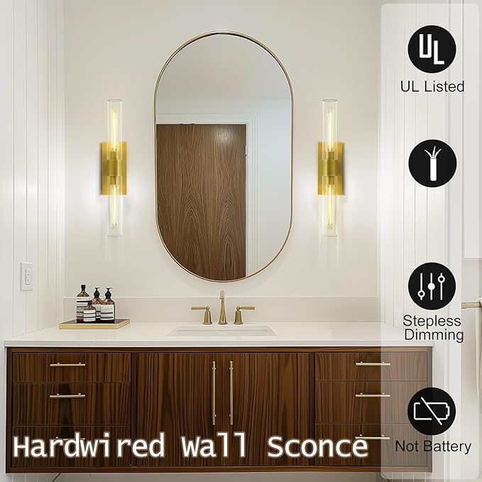 Brass Wall Sconces, 22.8" Bathroom Wall Sconce, Gold Wall Sconces Set of 2, 2-Light Dimmable Wall Sconce, Sconces Wall Lighting With Glass, Bathroom Vanity Light, Tube Sconce for Living Room, Hallway