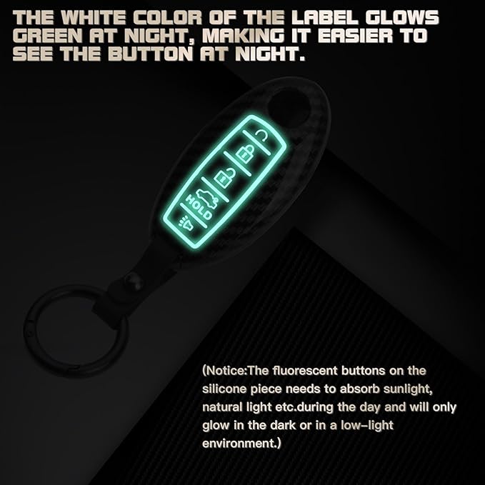 Xotic Tech Smart Key Fob Shell Full Cover Case Keychain Compatible with Nissan Maxima Murano Altima GT-R 370Z Rogue or Infiniti JX35 Q50 Q60 Q70 QX60, Carbon Fiber ABS Silicone Night-Luminous Black