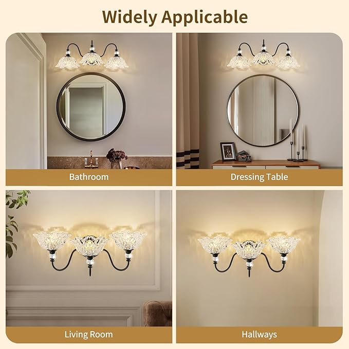 Black Bathroom Vanity Light,3-Light Vanity Light with Crystal Glass Shades,Vintage Farmhouse Vanity Lighting for Bathroom and Dressing Table