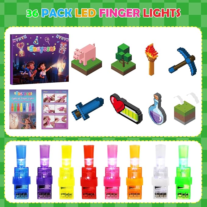 36 Pack Pixel Party Favors LED Finger Lights for Kids, Glow in the Dark Building Game Goodie Bag Stuffers, Pixel World Birthday Party Gifts for Classroom Rewards
