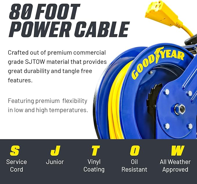 Goodyear Retractable Extension Cord Reel – Heavy-Duty Commercial Cable with Triple Tap Connector, Auto-Rewind & Wall/Ceiling Mountable (Industrial, 12AWG x 80 ft)