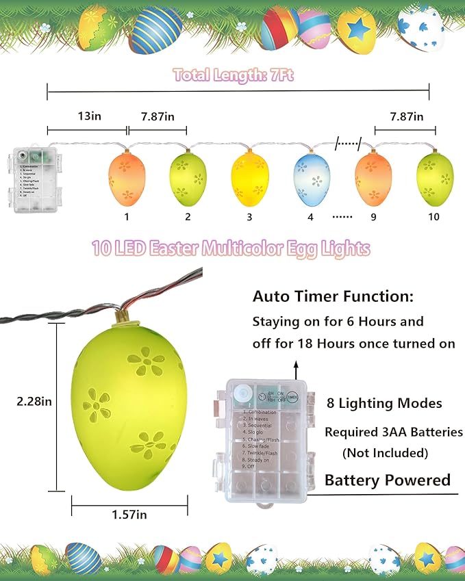 Easter String Lights Battery Operated 7Ft 10 LED Colorful Egg Shape Lights with Timer, 8 Lighting Modes Pastel Easter Light for Indoor Outdoor Tree Mantels Garden Home Spring Themed Party Decor