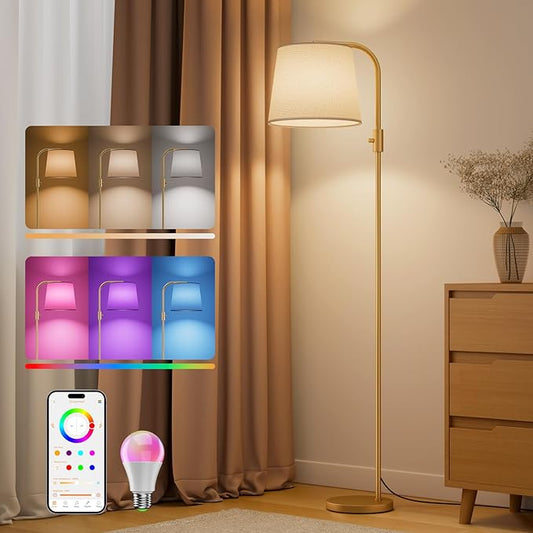 Arc Floor Lamp for Living Room with Smart RGBCW Color Changing Bulbs Dimmable, Stand lamp Compatible with Alexa, Siri, Google Voice & App Control, Tall Lamp for Living Room, Bedroom, Gold