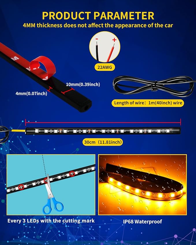 Amber Led Strip Lights Car,Led Lights for Motorcycles 30CM 15 SMD IP67 Waterproof Led Lights Interior for Home Decoration Car Motorcycles Boat Golf Cart Truck with 3M Tape(6PCS)